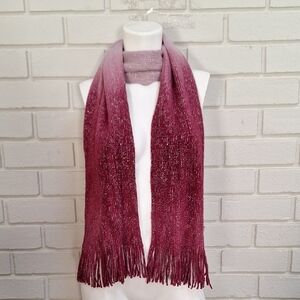 Beautiful Burgundy and Pink Silver Metallic Detail Fringe Knit Scarf.
